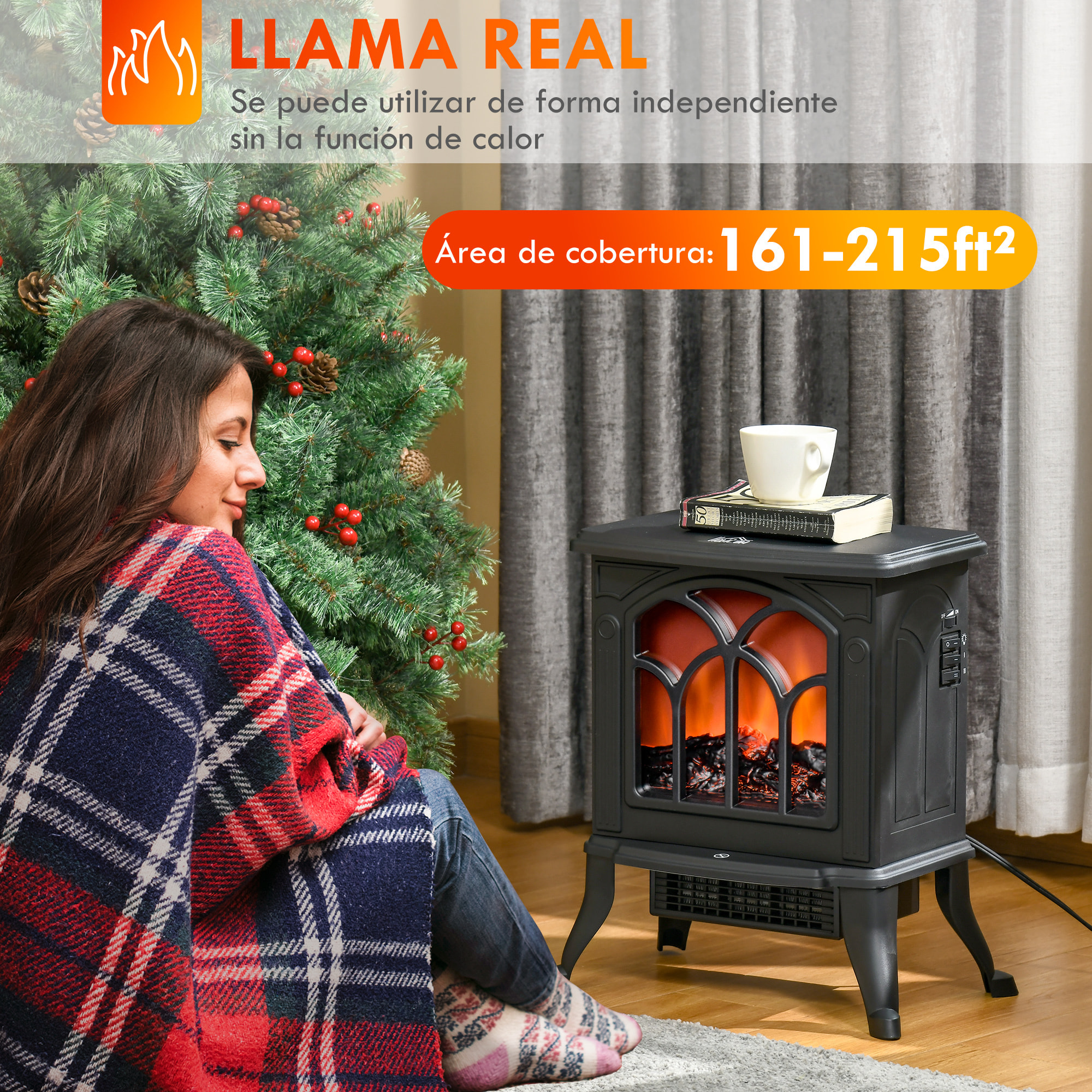 Chimenea Eléctrica de Pie 750/1500 W, Chimenea Decorativa con 2 Niveles de Potencia, Efecto Llama, Protección Sobrecalentamiento, Área de Cobertura 15-20 m², Negro