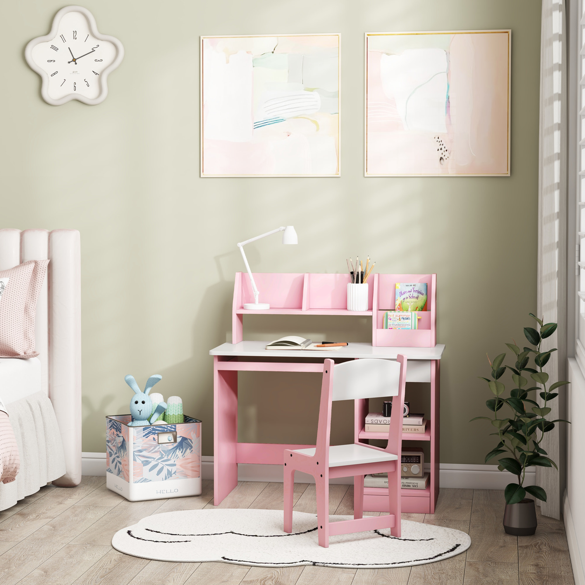 Bureau enfant multi-rangement - ensemble bureau, chaise, étagère - tiroir, plateau coulissant, 2 niches, 2 étagères, 2 présentoirs livres - rose