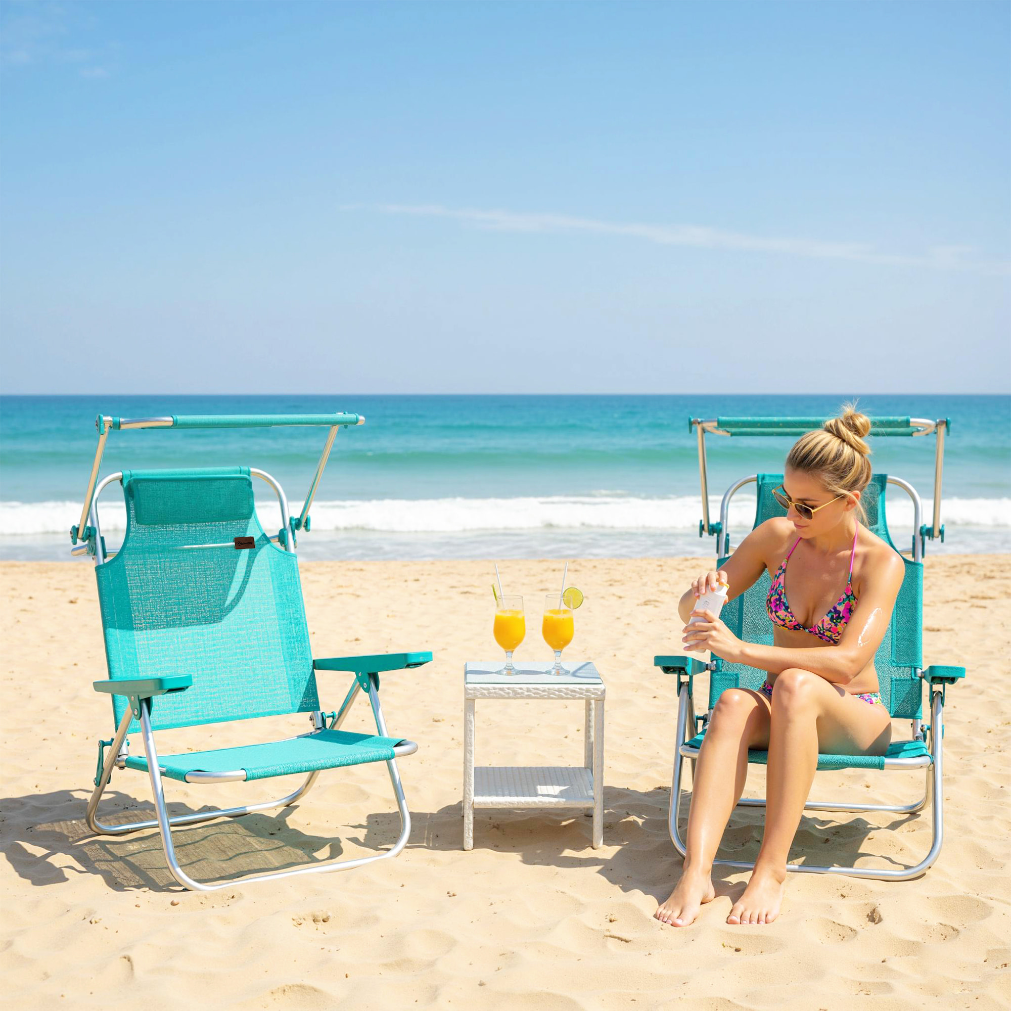 Pack de 2 Sillas de Playa Plegables con Dosel Ajustable, Respaldo Reclinable en 6 Posiciones y Reposacabezas, Sillas Bajas Portátiles con Brazos Carga 120kg para Acampada Jardín Turquesa