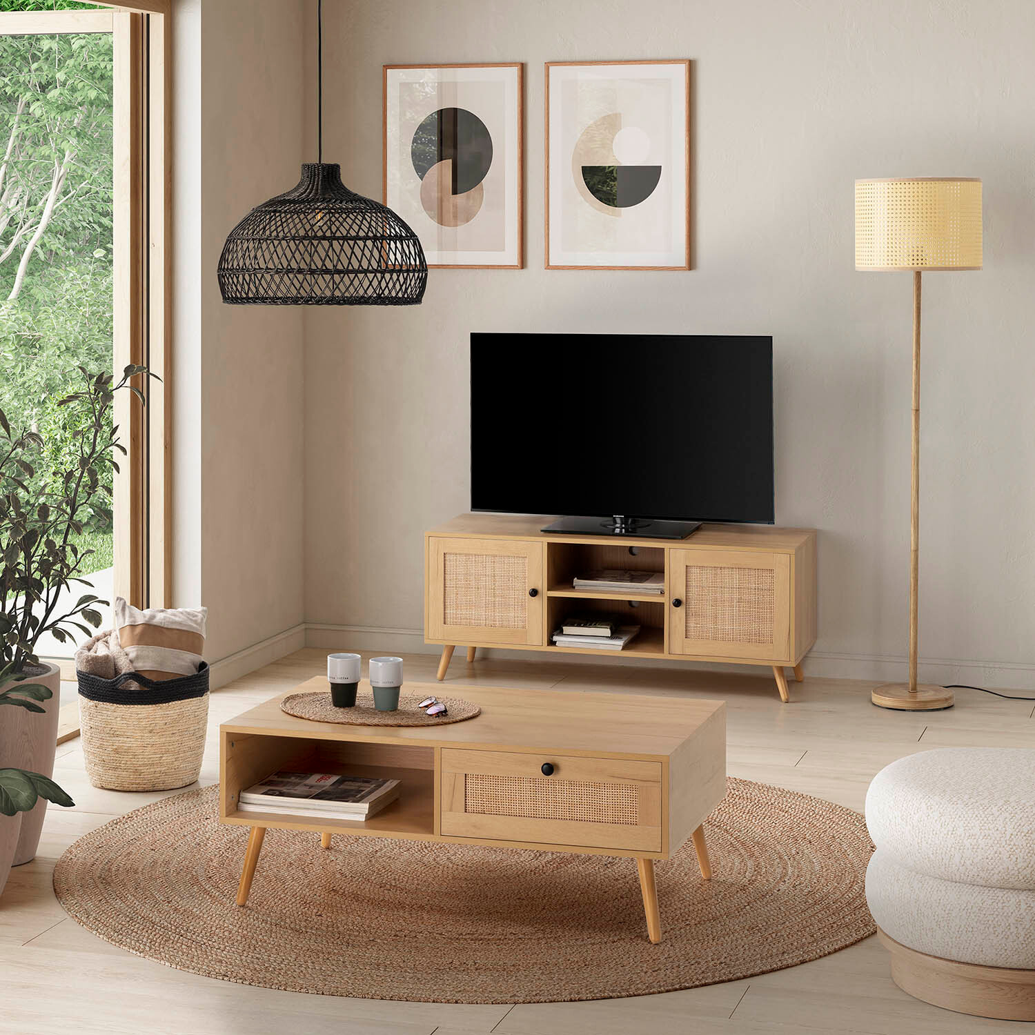 Mueble TV Bella 2 Puertas Color Roble con ratán Natural