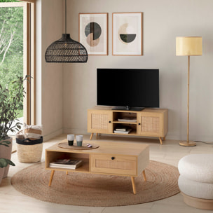 Mueble TV Bella 2 Puertas Color Roble con ratán Natural