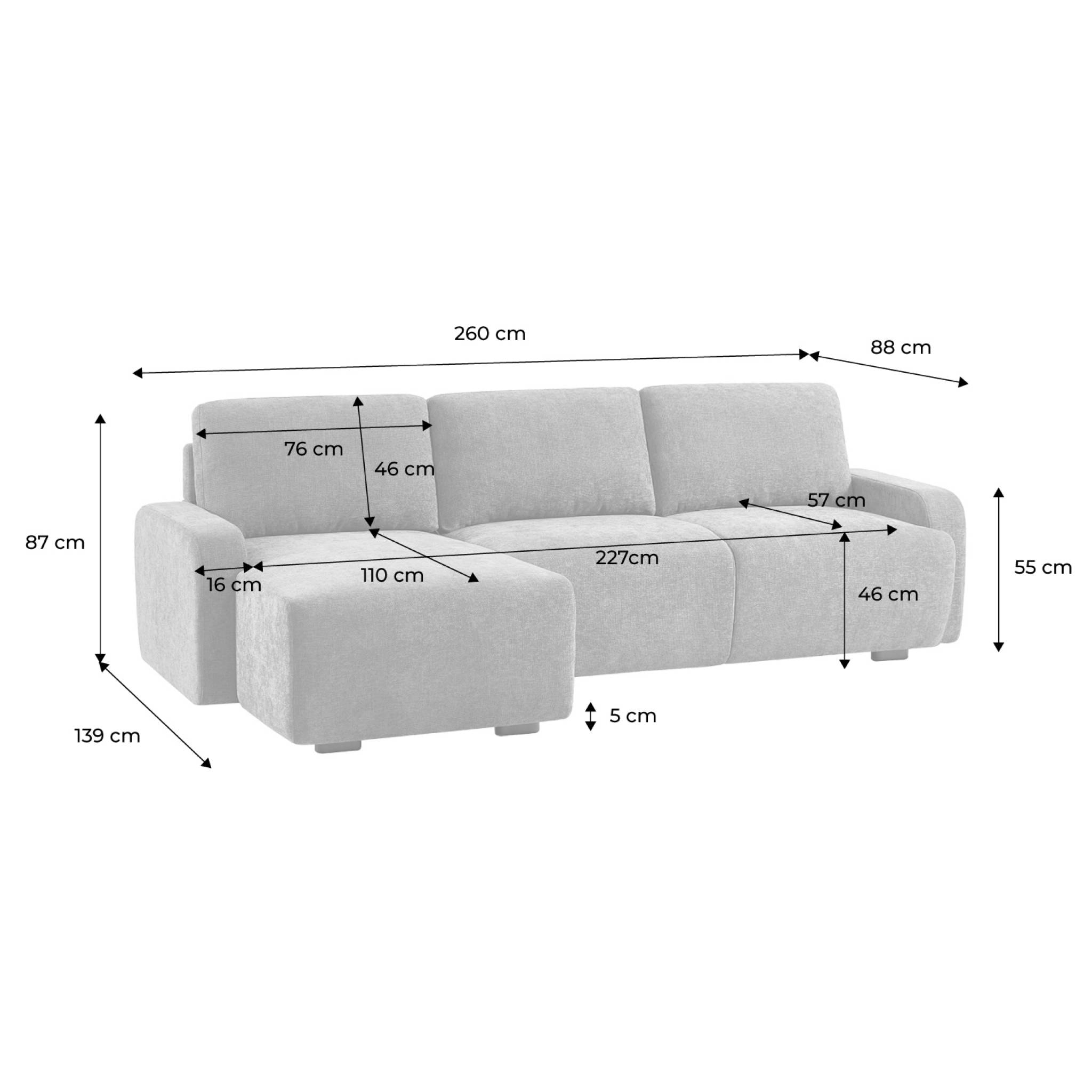 Canapé d'angle gauche 3 places tissu gris clair L 260 x P 88 / 139cm / x H 87cm - Dany