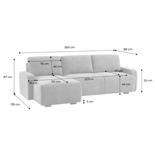 Canapé d'angle gauche 3 places tissu gris clair L 260 x P 88 / 139cm / x H 87cm - Dany