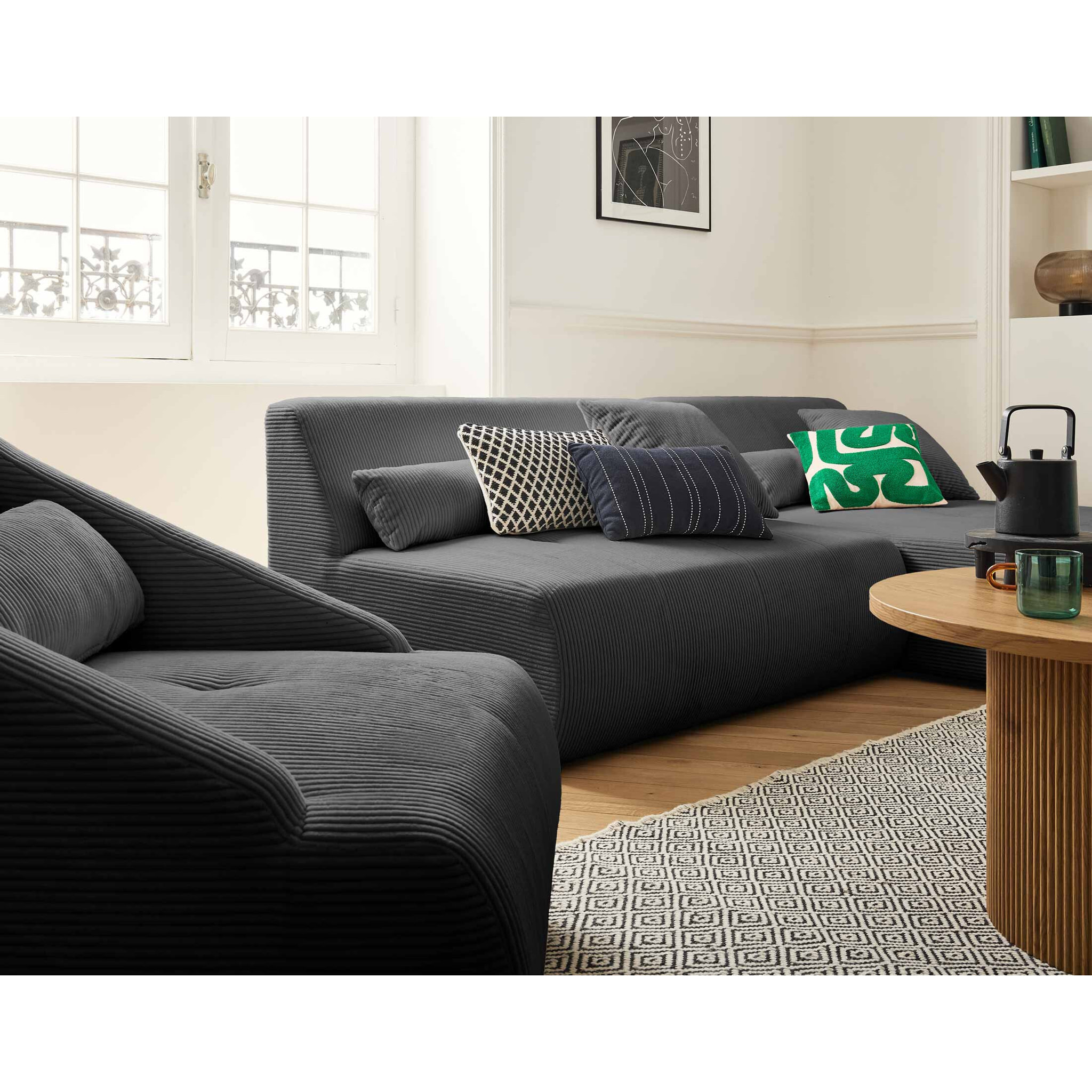 Onyx - canapé modulable d'angle réversible 4 places - en velours côtelé - Gris foncé