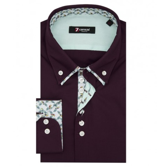 Camicia Uomo 1 Bottone Button Down Doppio Collo Piccolo Popeline fisso Unito Bordeaux