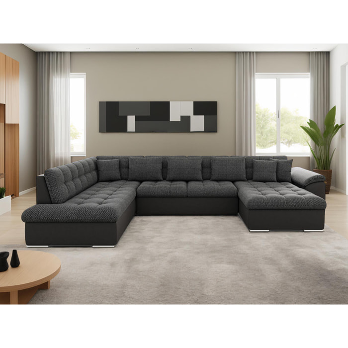Chuck - canapé panoramique d'angle gauche XXL - convertible avec coffre - 7 places - Noir / Gris