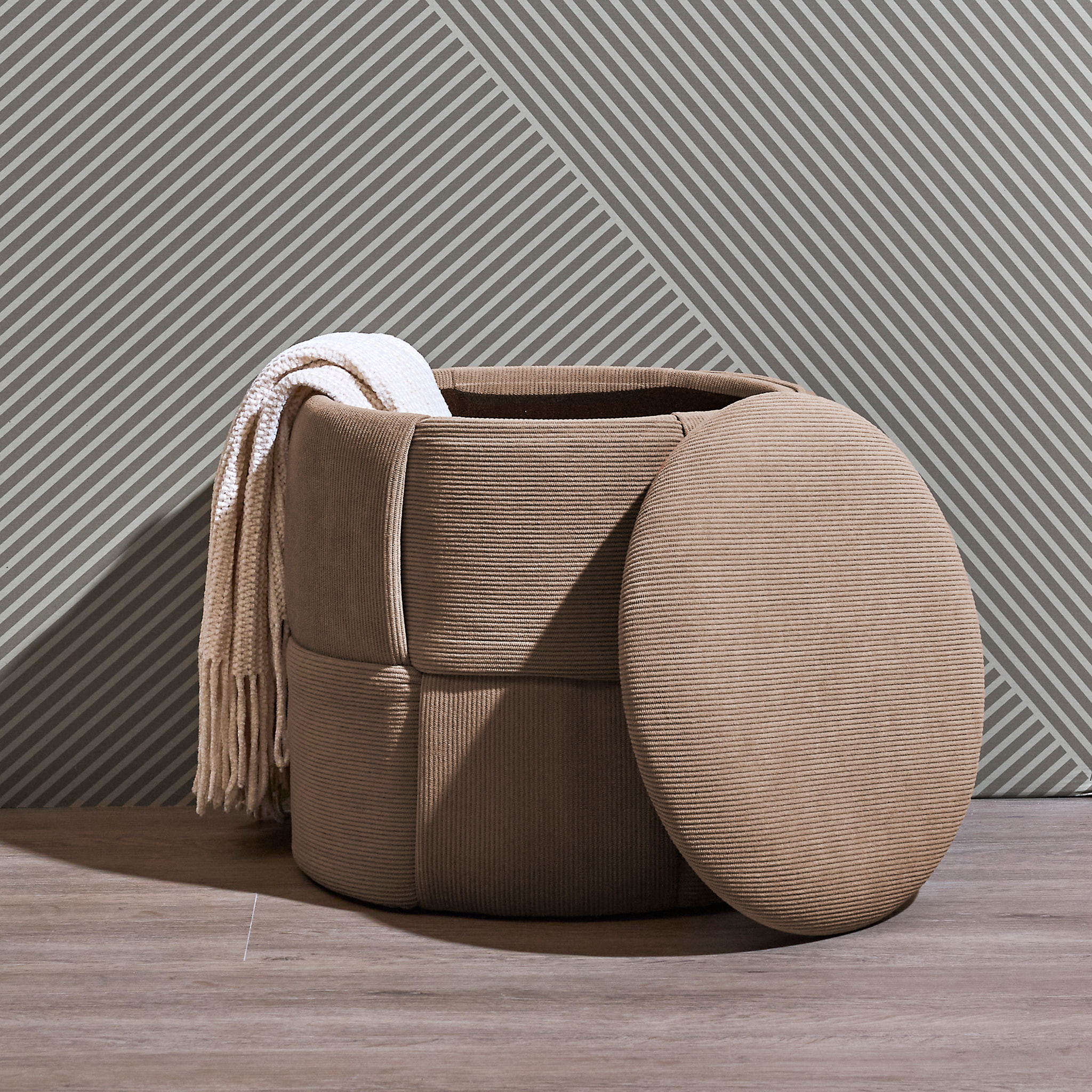 Pouf Rangement - HOME DECO FACTORY - Jules - Tressé - Côtelé - Taupe