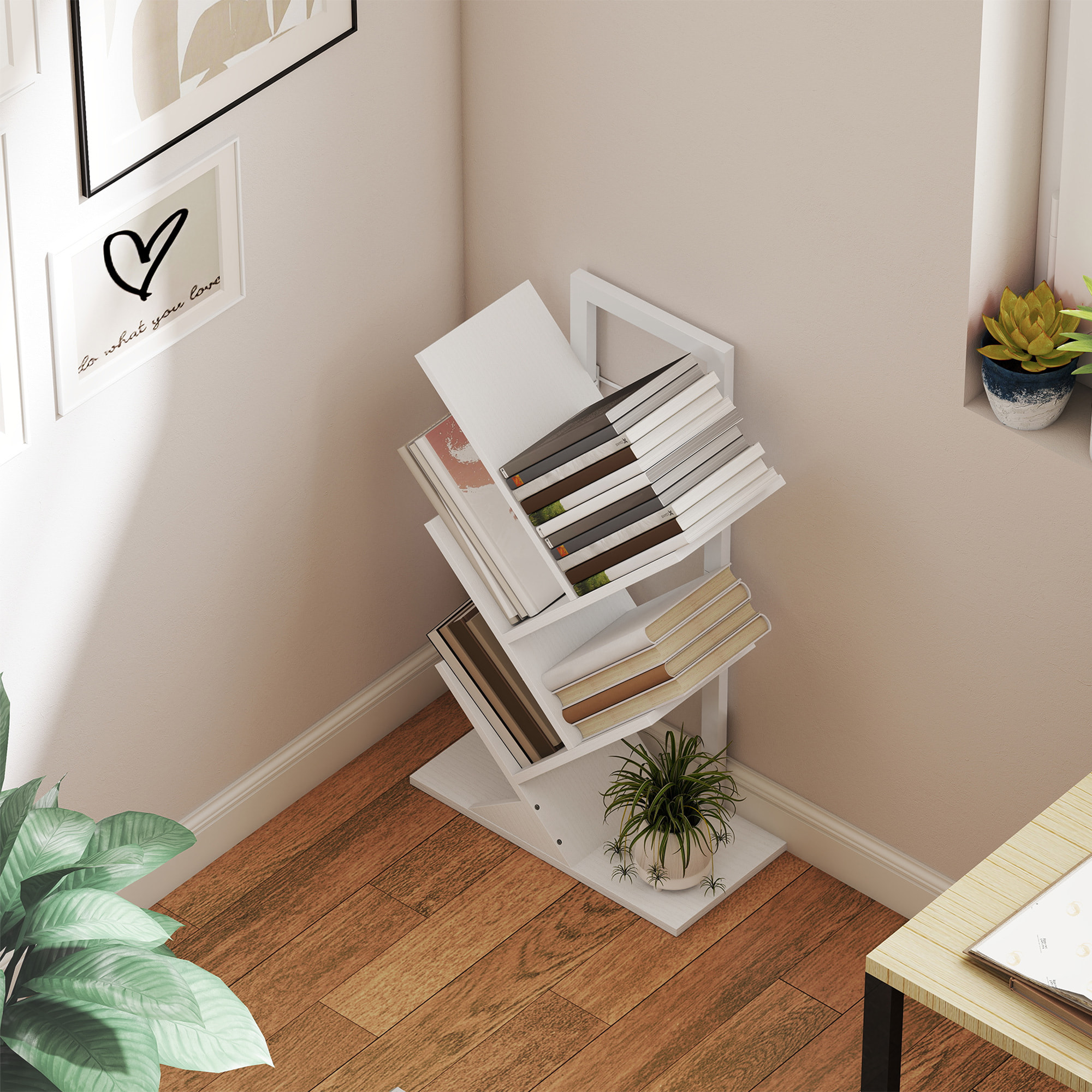 Librería en Forma de Árbol de 5 Niveles, Estantería de Libros con 5 Estantes, Estructura de Acero, para CD, DVD, Álbumes, Sala de Estar, Oficina, Estudio, Dormitorio, 50x24x82 cm, Blanco