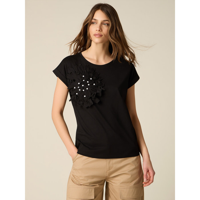Oltre - T-shirt con applicazione e perle - Nero
