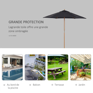 Parasol droit hexagonal grande taille de jardin Ø 2,5 x 2,3H m bois de bambou noir