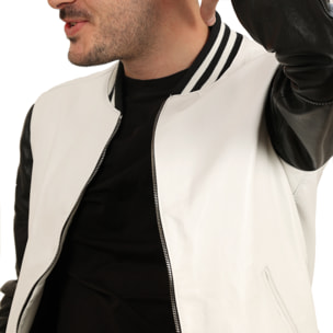 Bomber bicolore in pelle di vitello Bianco-Nero Slim Fit