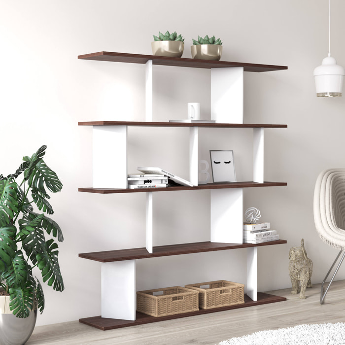 Libreria a quattro ripiani con divisori, cm 130 x 25 x 141, colore bianco e quercia