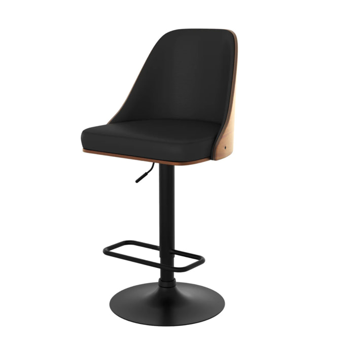 Chaise de bar réglable et pivotante en bois foncé et PU noir 56/77 cm - Georges