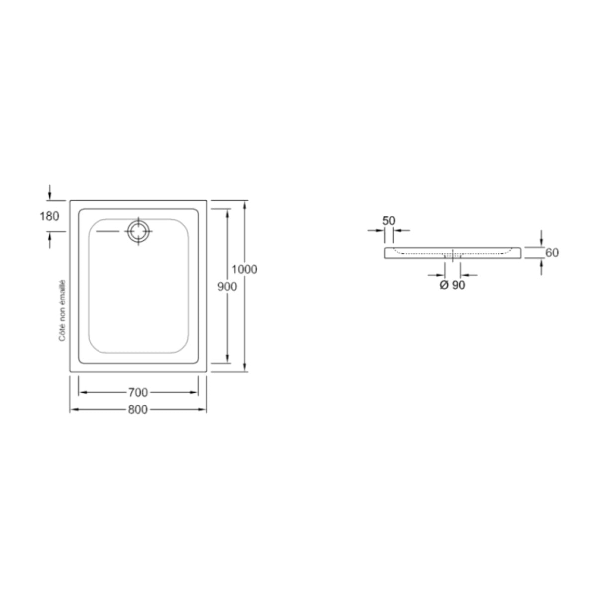 Receveur de douche antidérapant 100 x 80 O.Novo Plus céramique blanc
