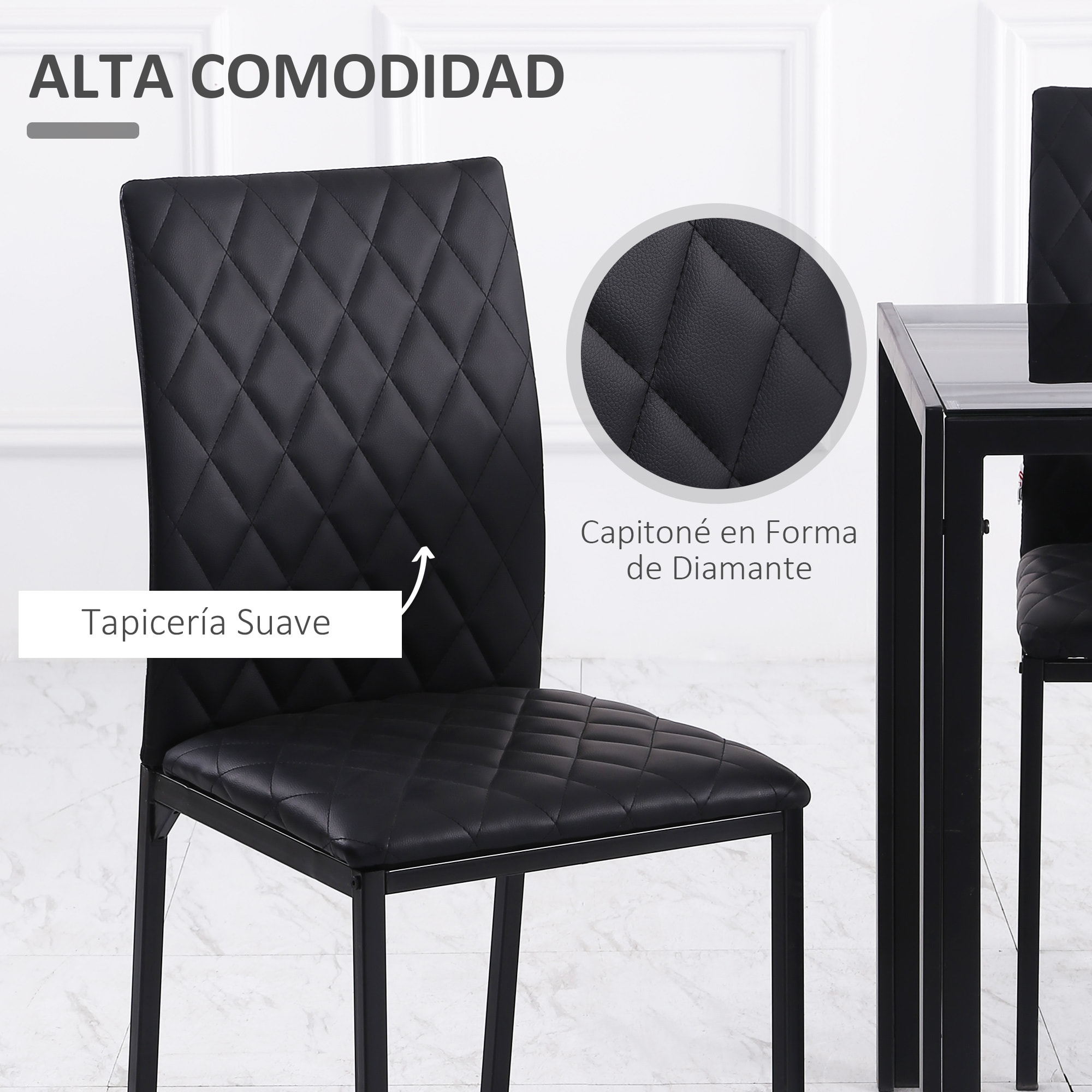Pack de 4 Sillas de Comedor, Sillas de Cocinas Modernas, Respaldo Alto con Costuras Decorativas de Diamantes, Tapizadas en Cuero Sintético, Patas de Acero, Negro