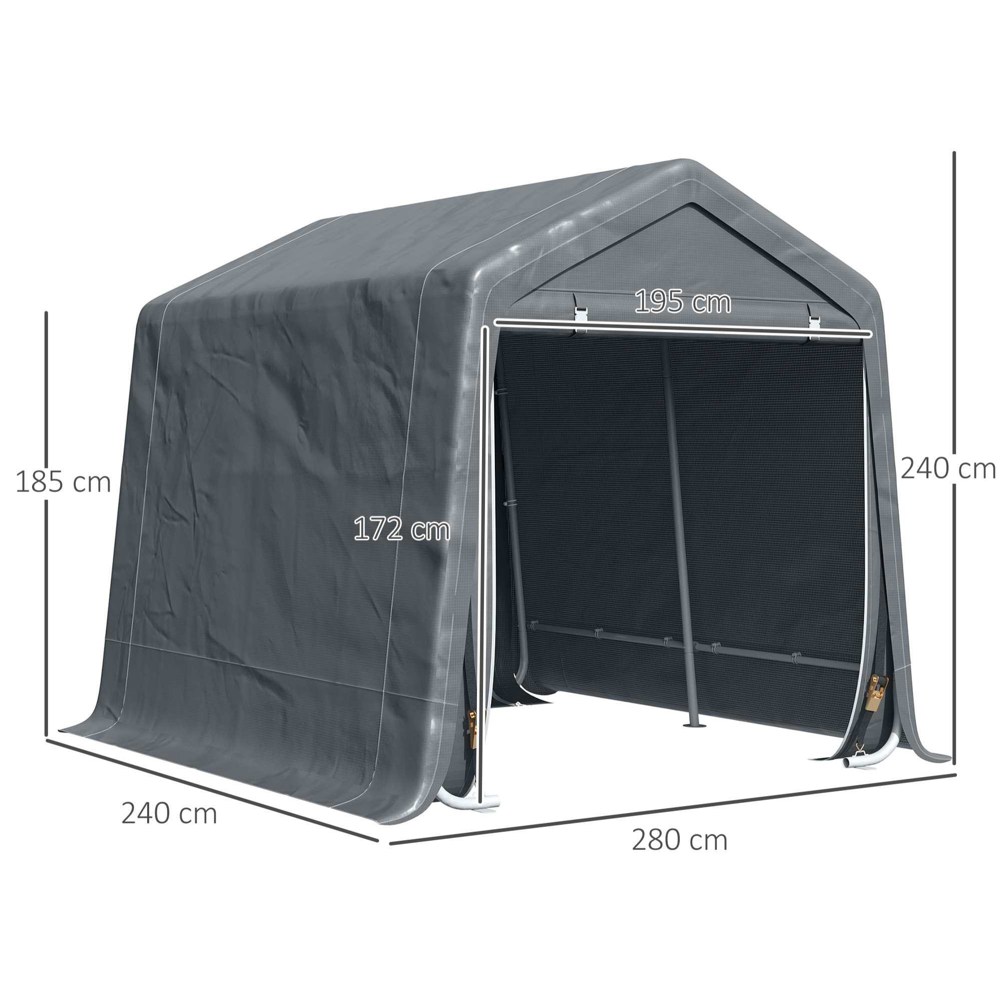Abri de jardin - tente de stockage - abri de vélo - 2 portes zippées - dim. 280L x 240l x 240H cm - métal PE gris