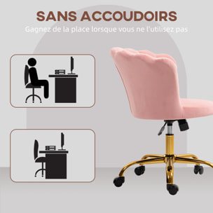 Chaise bureau velours design coquillage piètement acier doré rose poudré