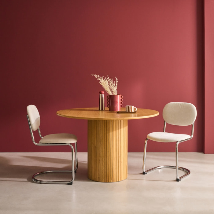 Table à manger ronde bois d'hévéa et placage chêne naturel 4 places - Ø 115 x 73 cm - Estelle