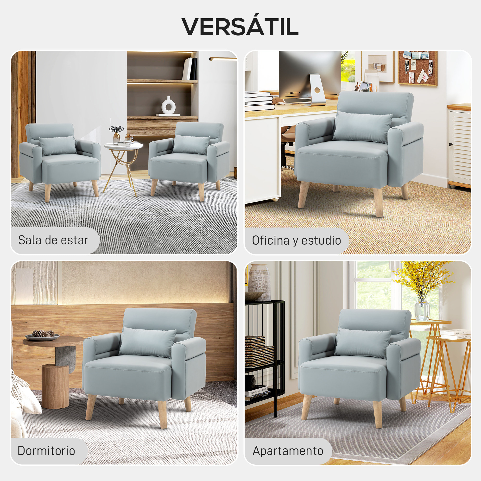 Sofá de 1 Plaza Tapizado en Cuero Sintético Sofá de Salón de 77 cm con Reposabrazos Acolchado Grueso Respaldo Acanalado y Patas de Madera para Dormitorio Sala de Estar Gris