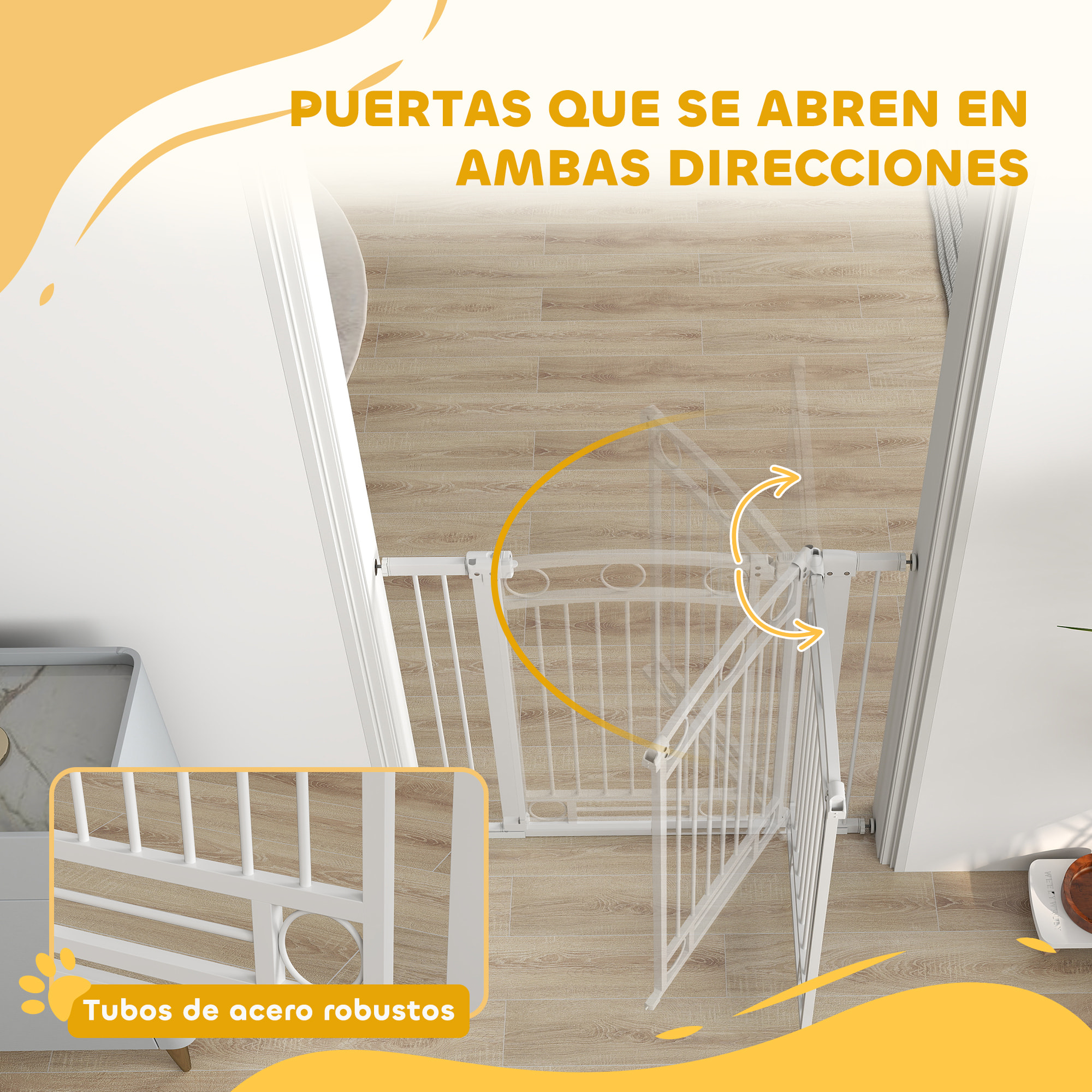 Barrera para Perros Puerta para Perros con Ancho Ajustable 76-104 cm Barrera de Seguridad para Perros Altura 96 cm con 2 Extensiones para Escaleras y Puertas Blanco