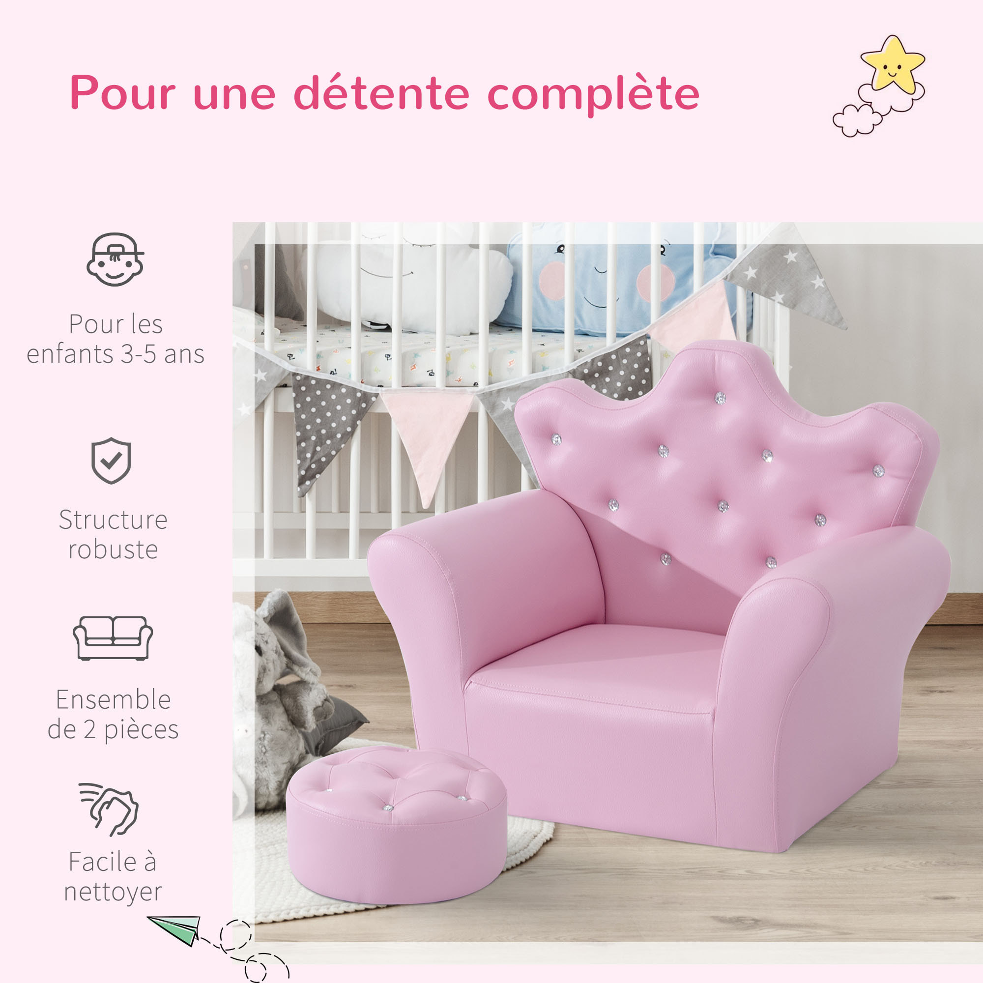 Ensemble fauteuil et pouf enfant design couronne de princesse - dossier et assise pouf avec boutons strass aspect cristaux - structure bois revêtement synthétique PVC rose