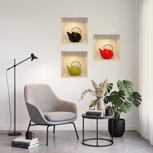 Stickers muraux 3D | Sticker Mural Autocollant effet 3D théière moderne - Stickers adhésifs 3D Chambre Salon Trompe l'oeil