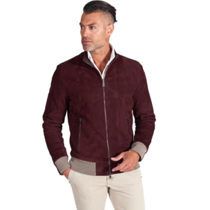 Giubbotto bomber in pelle scamosciata bordeaux collo coreana