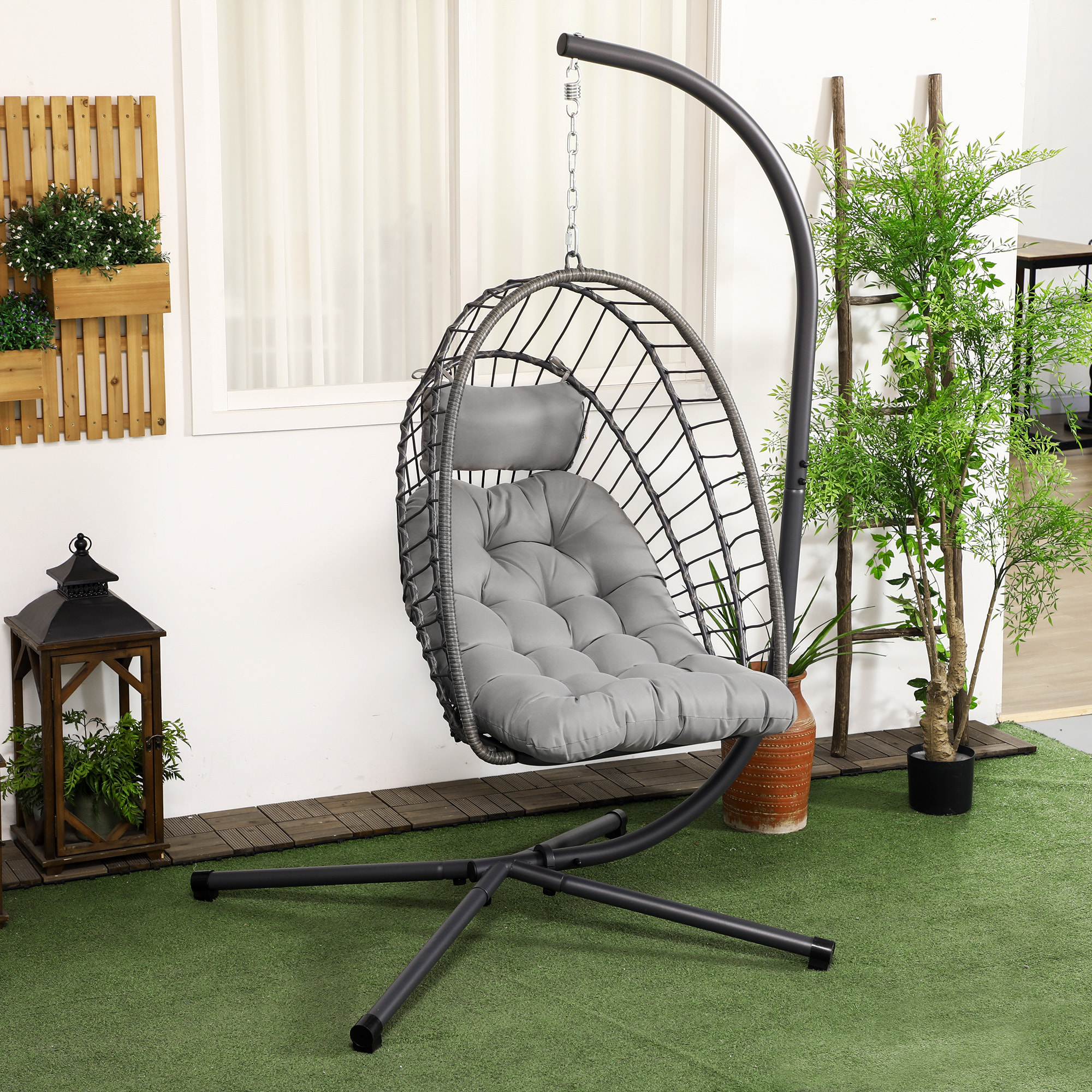 Fauteuil suspendu de jardin pliable avec matelas métal résine gris