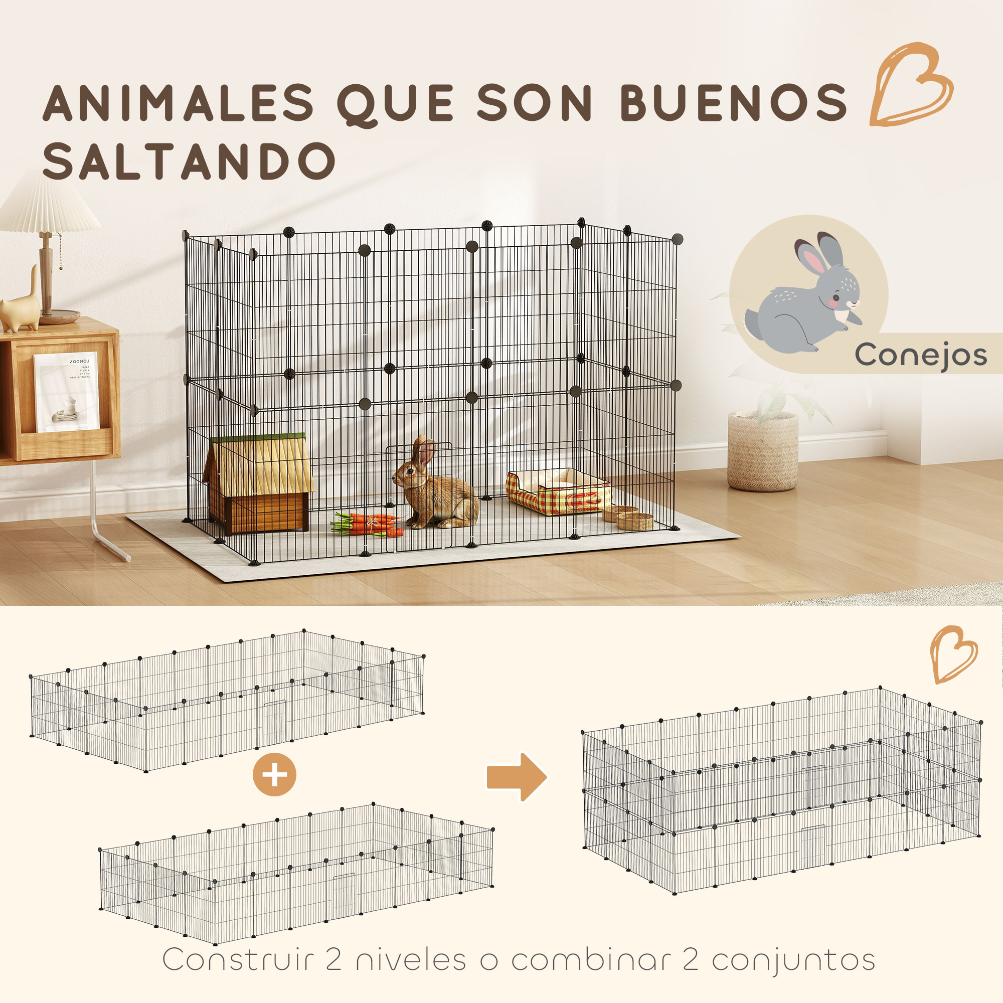 Valla Metálica para Mascotas de 24 Paneles, Jaula para Animales Pequeños, Forma Personalizable, Jaula para Conejos, Cobayas, Chinchillas, Gatitos, 120x60x80 cm, Negro