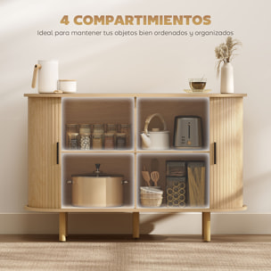 Aparador con Puertas Tambour Deslizantes, Aparador para Salón Moderno, con 4 Compartimentos y Patas de Madera, para Cocina, Entrada, Dormitorio, Roble, 120x40x78 cm