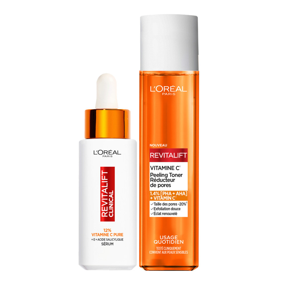 L'Oréal Paris Routine Eclat Sérum Vitamine C Teint Lumineux 30ml + Peeling Toner Réducteur de pores Vitamine C - 180ml