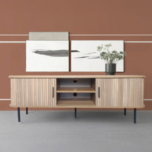 AMBON Meuble TV en bois cannelé à portes coulissantes 140cm