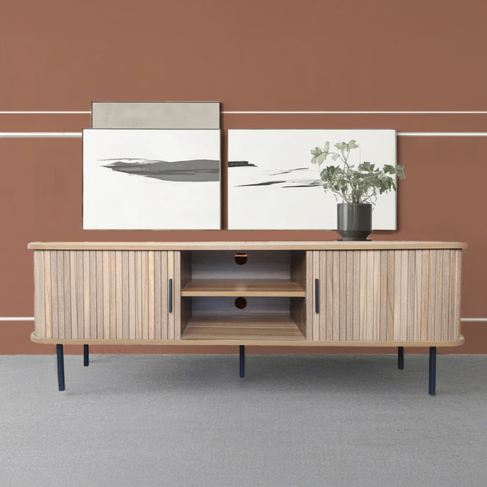 AMBON Meuble TV en bois cannelé à portes coulissantes 140cm