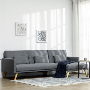 Canapé d'angle convertible 3 places design scandinave - réversible, effet capitonné, 3 coussins déco - piètement bois tissu aspect lin gris