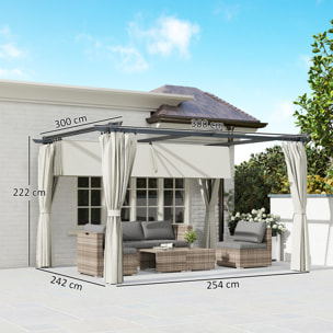 Pergola 3 x 3 m toile toit rétractable 4 rideaux ajustables métal noir polyester haute densité 180g/m² crème