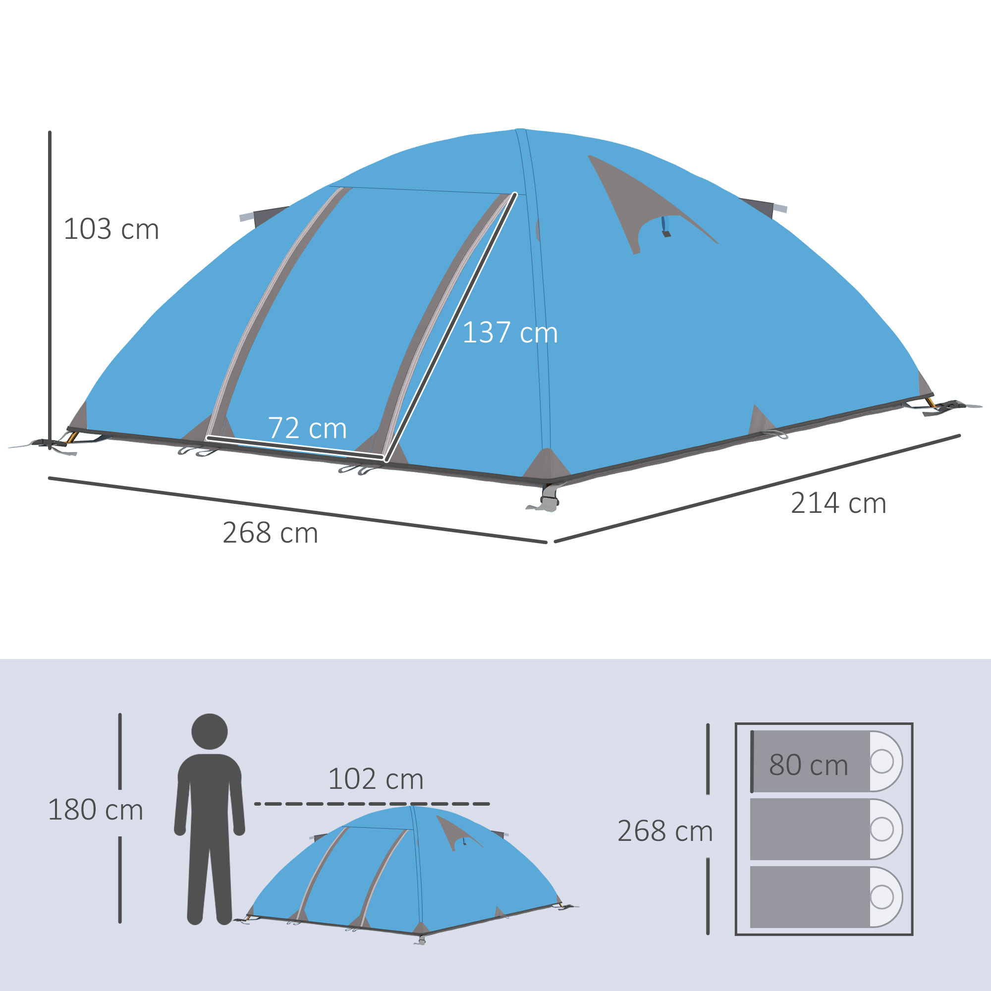 Tente de camping 2-3 personnes dim. 268L x 214l x 103H cm - 2 portes zippées, tapis sol, sac transport - alu. polyester gris bleu