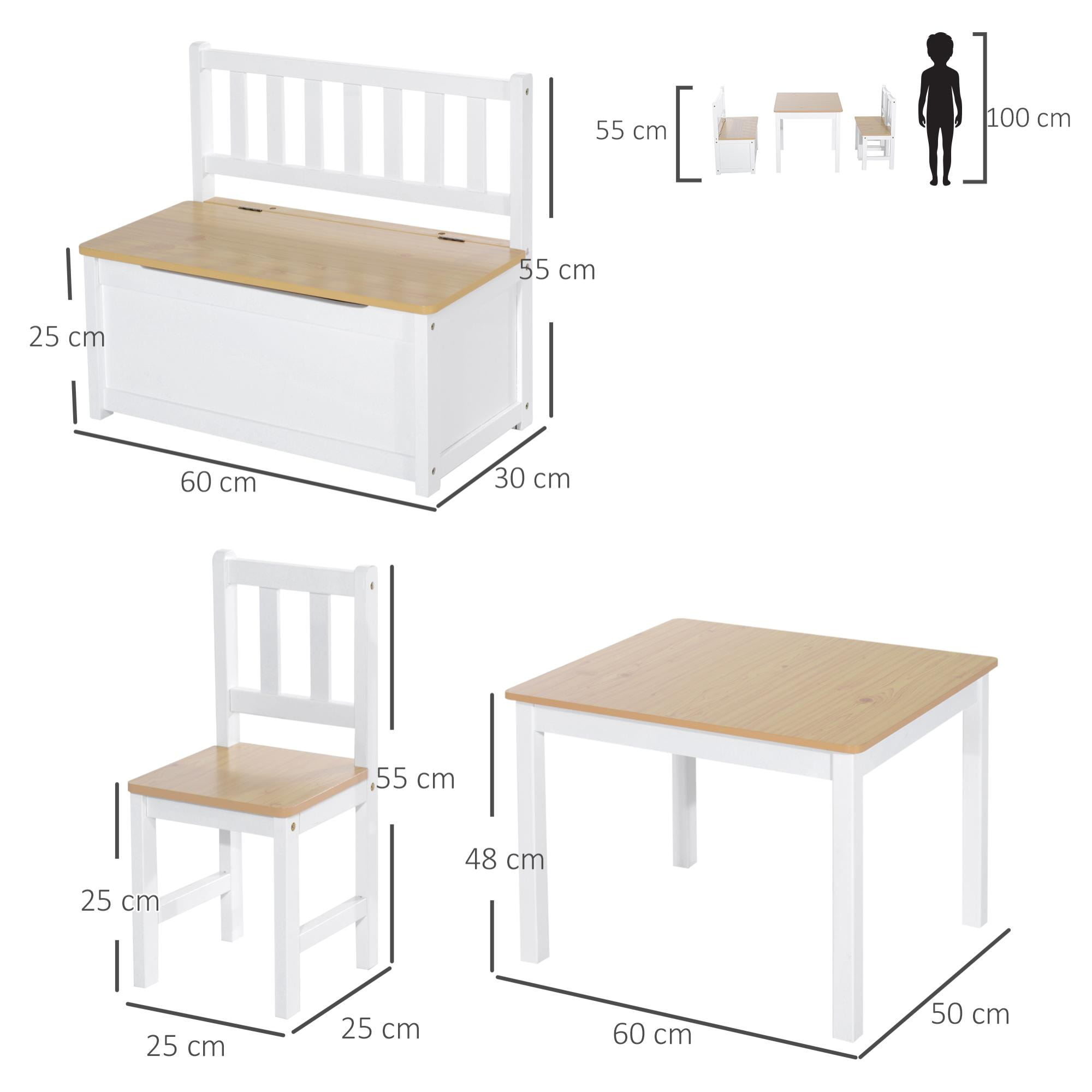 Conjunto de Mesa 2 Sillas y Banco para Niños de Madera con Espacio de Almacenamiento Muebles Infantiles para Sala de Juegos Habitación de Niños Blanco y Natural