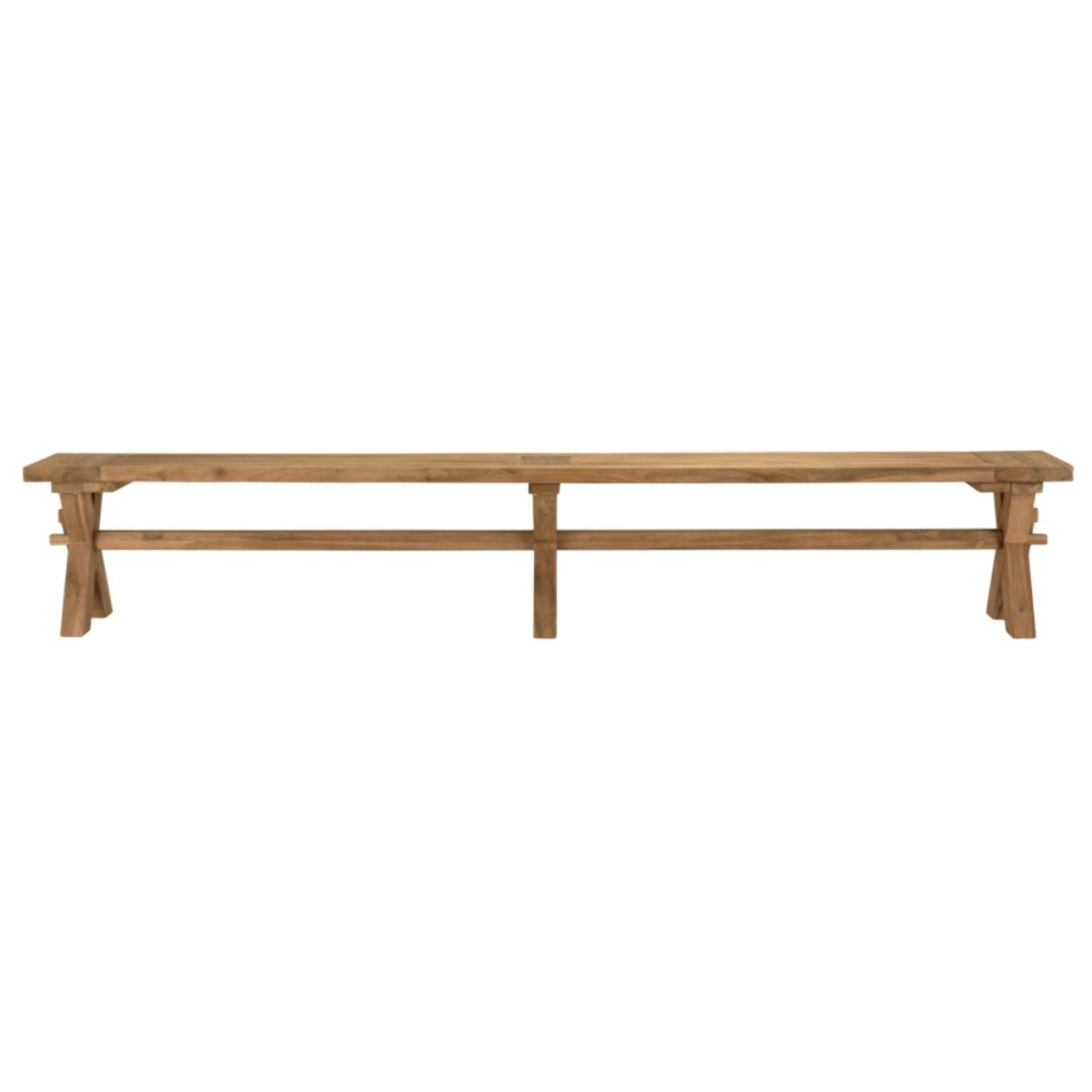 KALLY - Banc de jardin 270x35cm en bois teck recyclé pieds croisés
