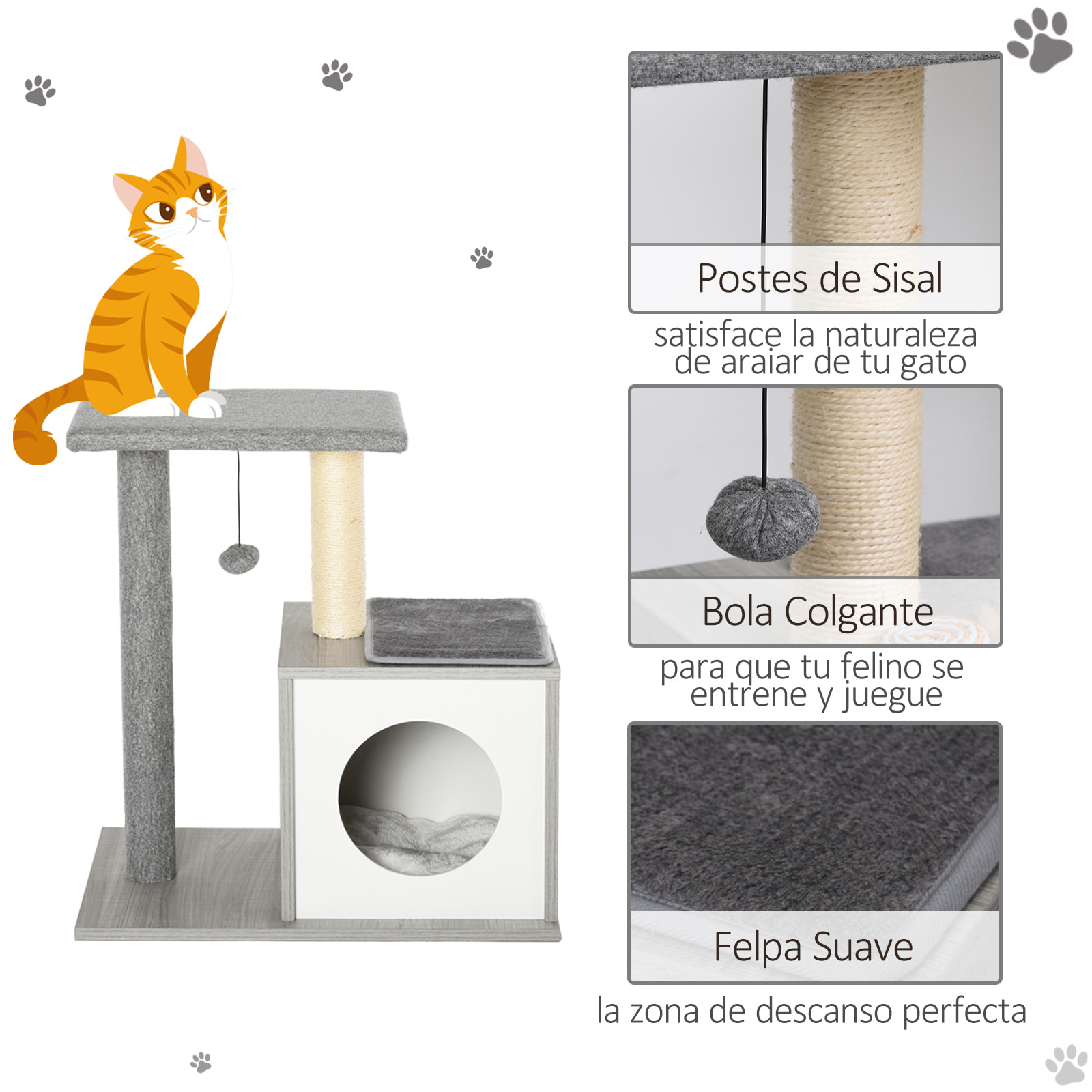 árbol Rascador de Gatos de Felpa y Sisal 59x39x62 cm Gris