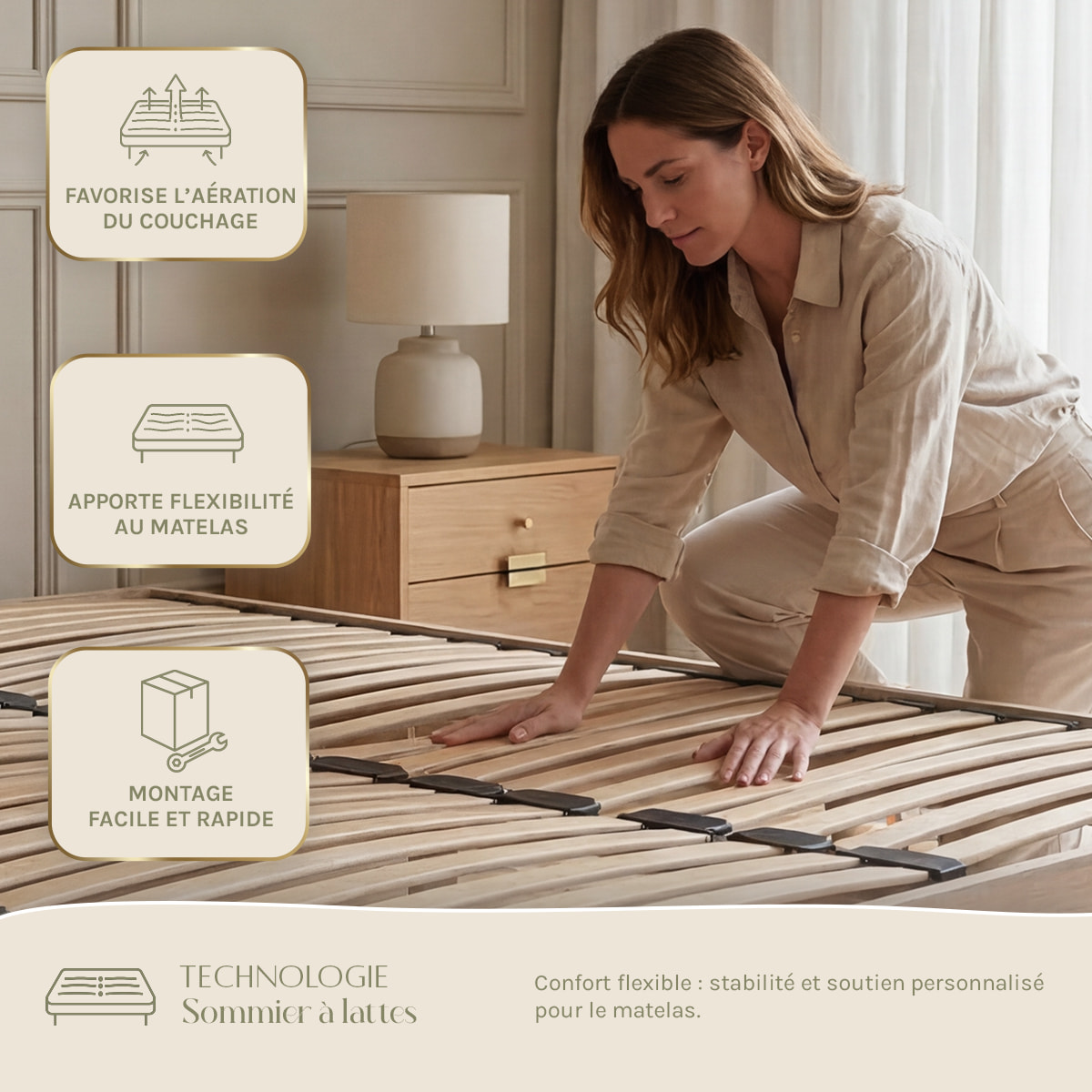 Sommier en Kit Tissu Laine Bouclée Beige, Lattes Bois, Soutien Ferme, Montage Rapide