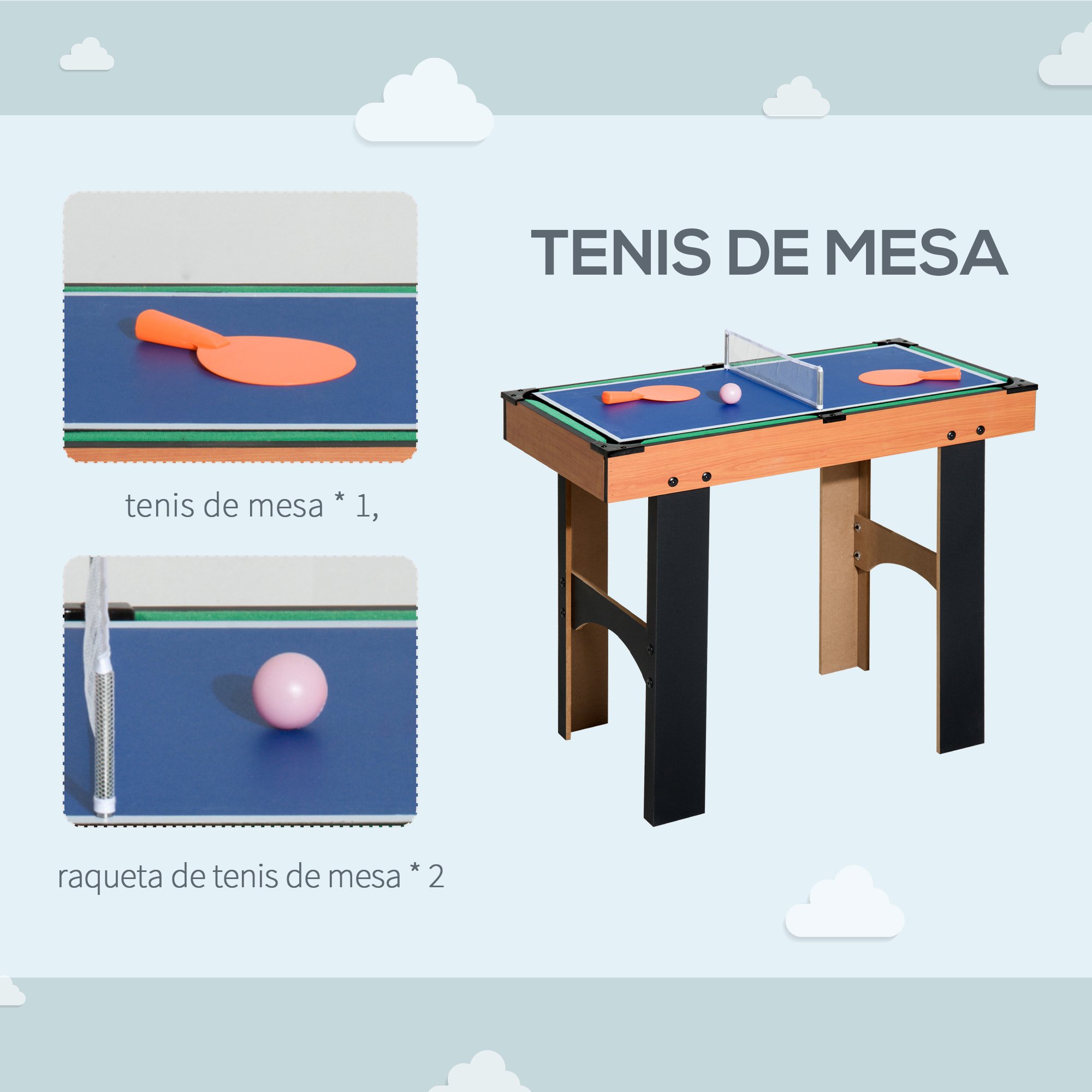 Mesa Multijuegos 4 en 1 Mesa de Juego para Niños +6 Años Futbolines para Niños Mesa de Billar Mesa de Ping-pong 87x43x73 cm Natural y Negro