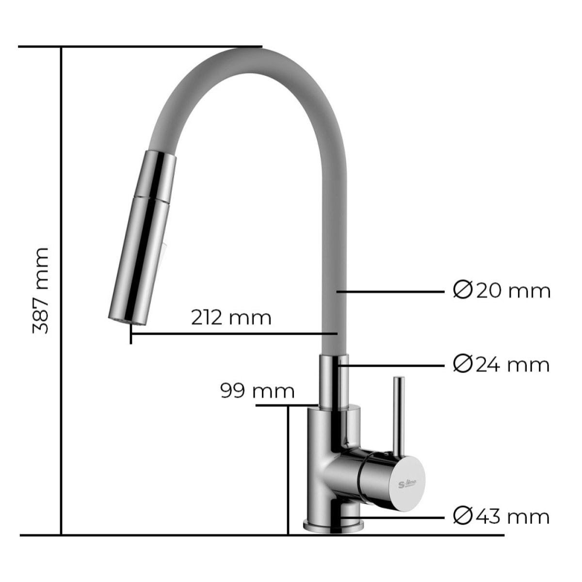 mitigeur cuisine à mémoire de forme, 2 types de jet mousseur ou douchette, courbe en silicone gris (SIKOBSLPRO290S2F)