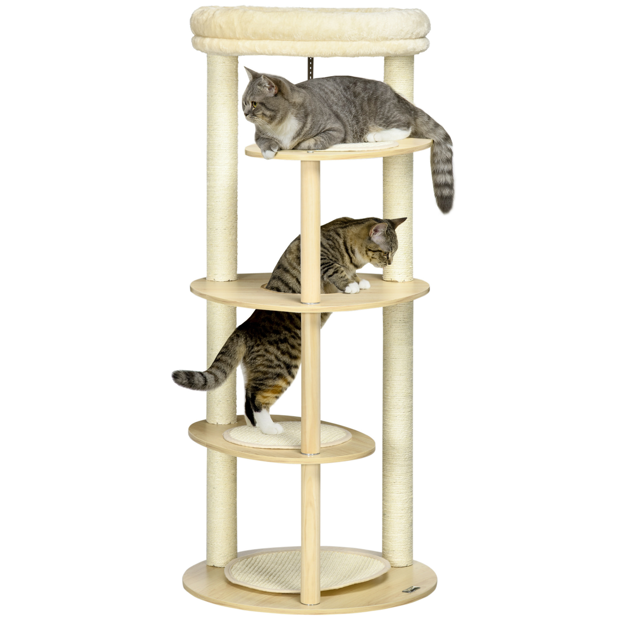 PawHut Árbol Rascador para Gatos de Madera 123,5 cm Torre Escalador para Gatos con Múltiples Plataformas Cama Desmontable y Cojines Ø54x123,5 cm Roble