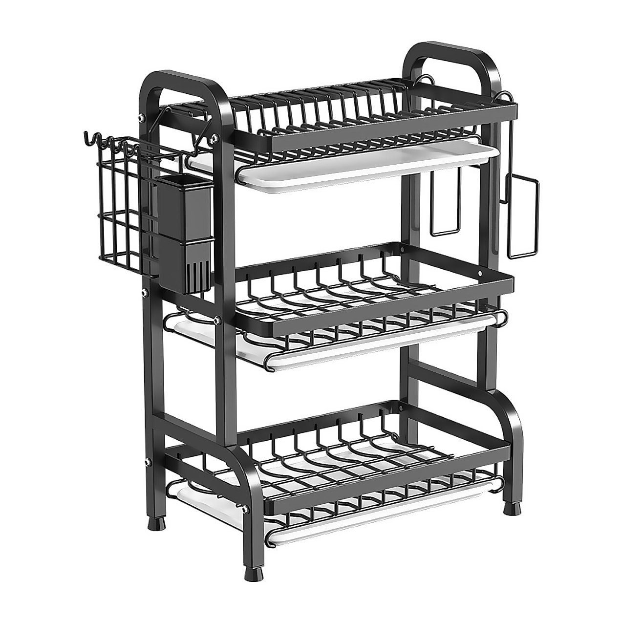 Repisa metálica de cocina con escurridor de 3 niveles, diseñada para organizar, secar y almacenar utensilios. Incluye bandejas recogegotas y gran capacidad de carga.