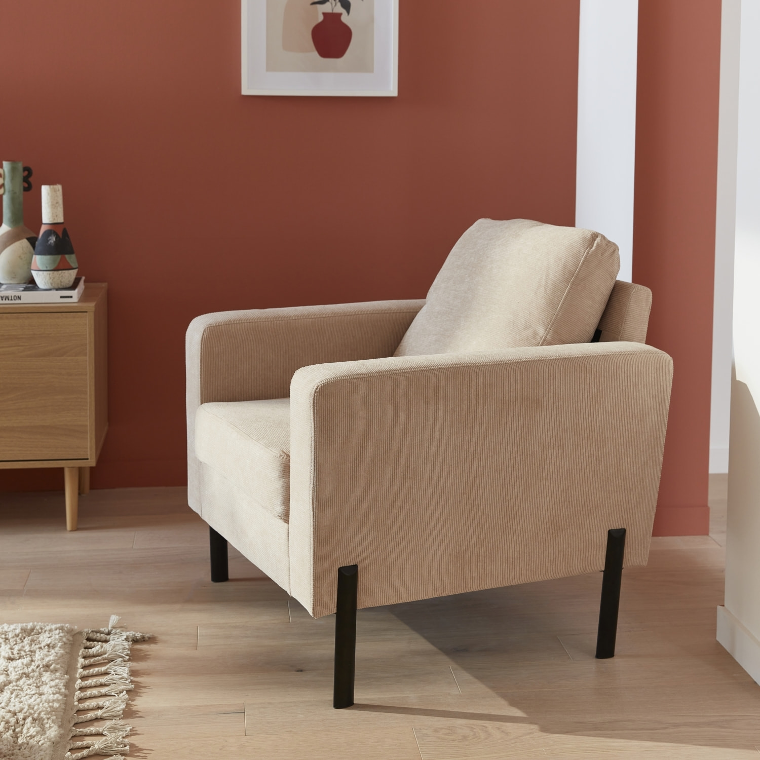 Fauteuil pieds métal velours côtelé BJORN