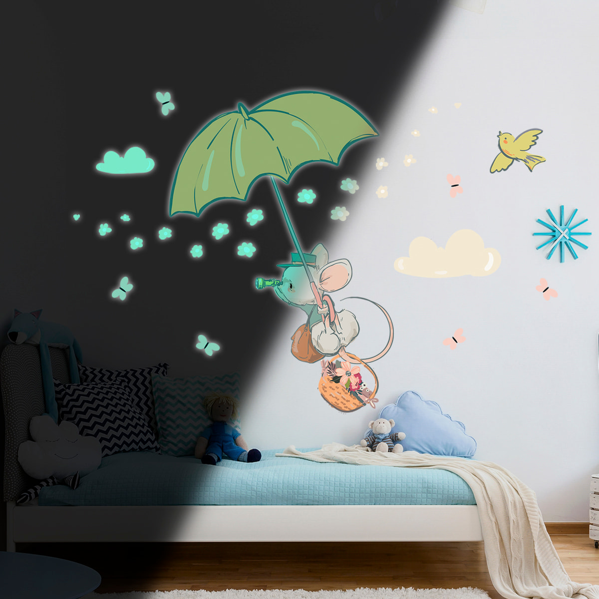 Sticker phosphorescent lumineux - SOURIS EN PARAPLUIE