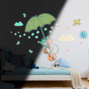 Sticker phosphorescent lumineux - SOURIS EN PARAPLUIE