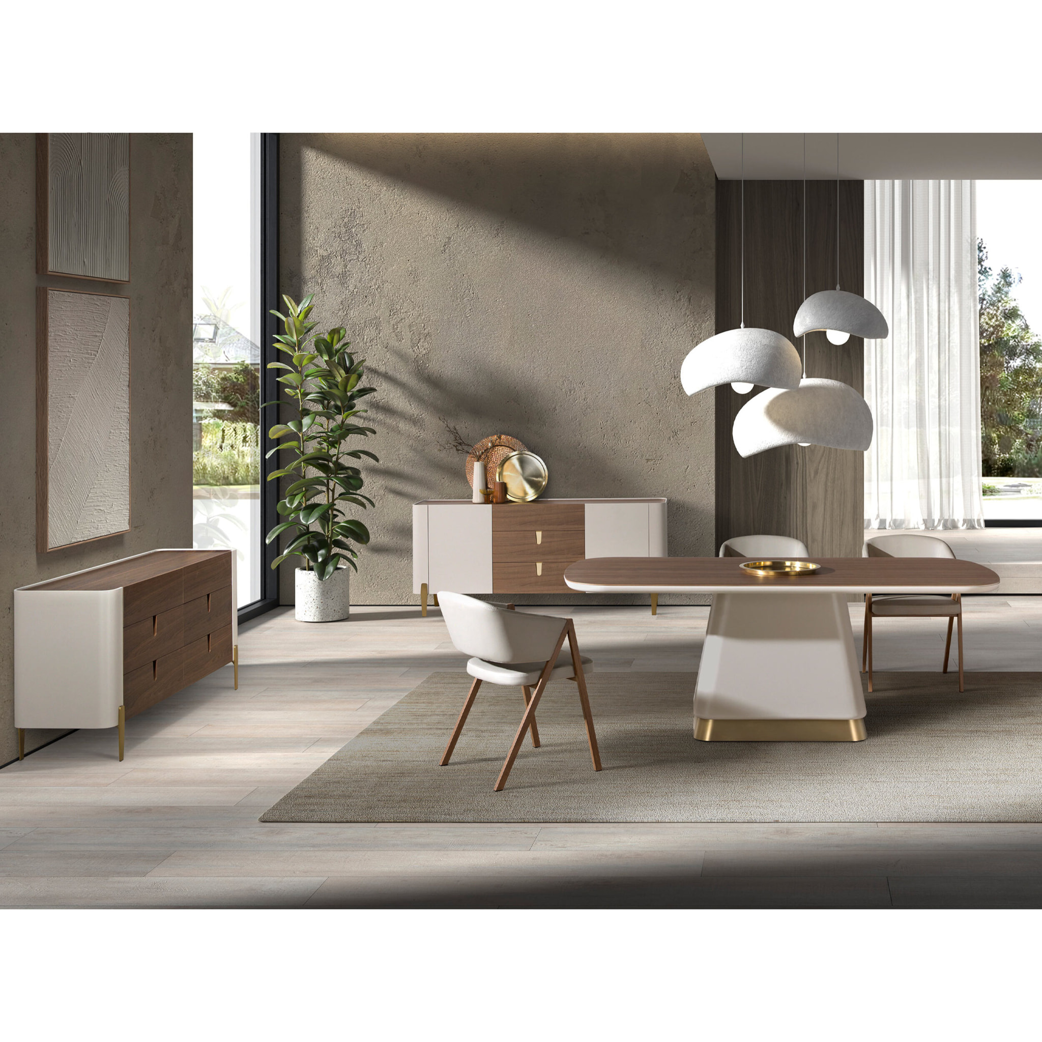 Aparador de madera chapada en nogal natural y madera MDF lacada en beige patas de acero inoxidable pulido en dorado 180x47x80cm