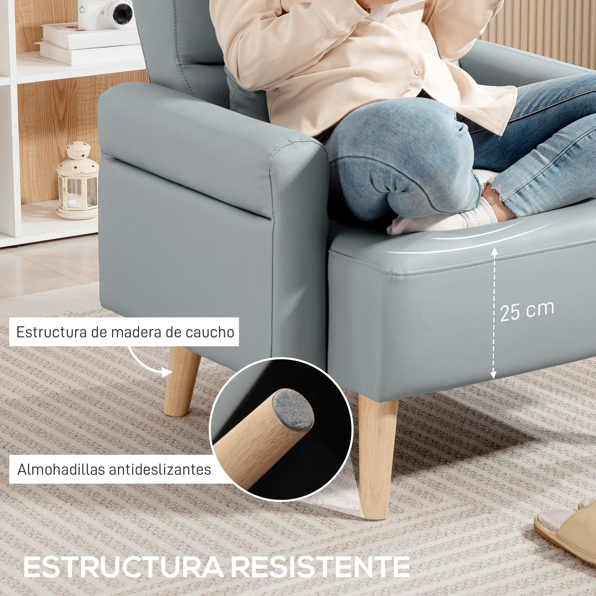 Sofá de 1 Plaza Tapizado en Cuero Sintético Sofá de Salón de 77 cm con Reposabrazos Acolchado Grueso Respaldo Acanalado y Patas de Madera para Dormitorio Sala de Estar Gris
