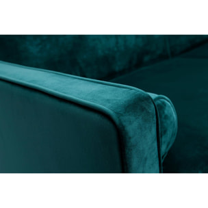 Canapé convertible 3 places en tissu velours bleu pétrole et bois clair MOORE